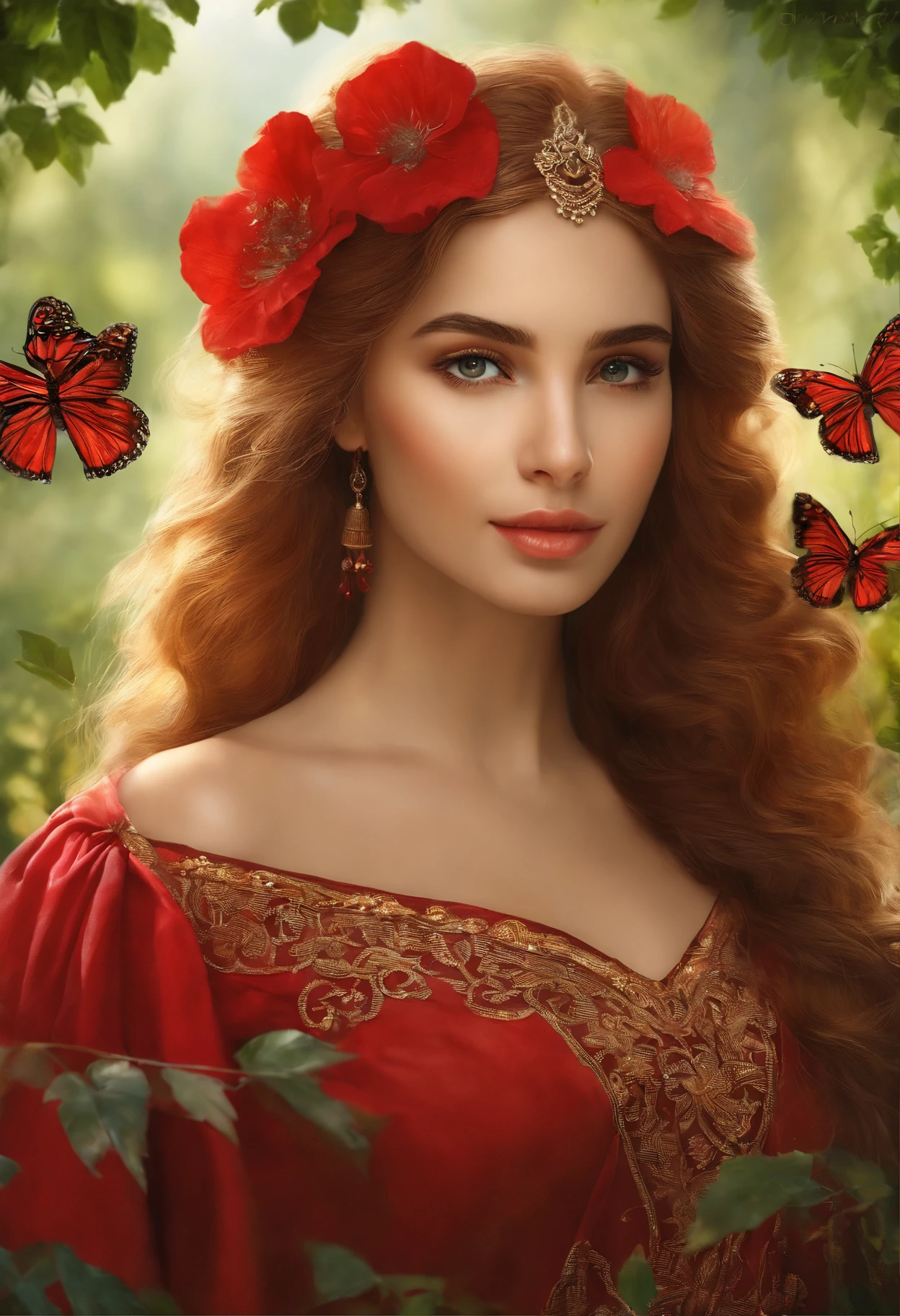 Kırmızı başlıklı kız, detailed facial features, vibrant red cape, lush green forest background, soft natural lighting, oil painting, ultra-detailed illustration, vivid colors, dreamlike scenery, realistic textures, highres, fairytale-like atmosphere, curly golden hair, innocent expression, mesmerizing eyes, graceful pose, magical atmosphere, enchanting ambiance, mysterious shadows, beautiful flowers, delicate butterfly, storybook fantasy, traditional folklore, youthful charm, whimsical art style, timeless beauty, picturesque landscape.