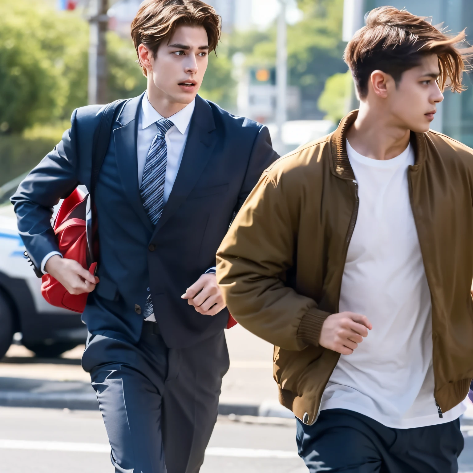 The man who was running from the police and had brown hair was carrying a bag filled with money