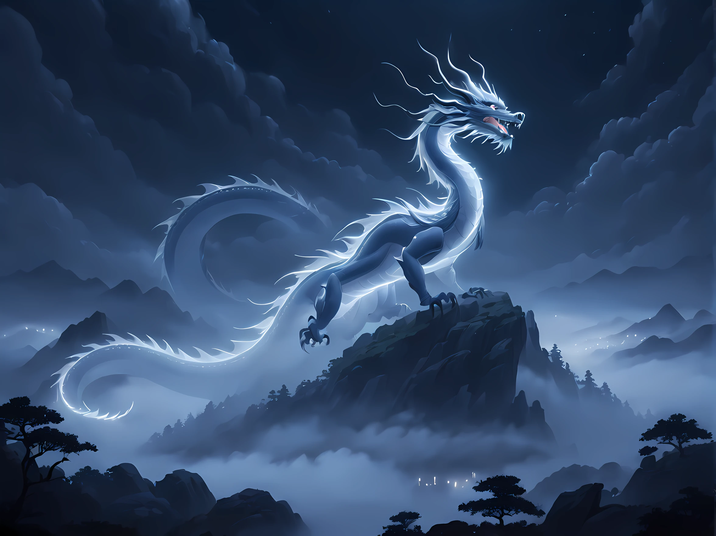 (masterpiece, best quality, thunders:1.2), (Asian White Dragon:1.3), sky, beautiful, (fog, foggy:1.5), (night, dark, no light: 1.7), (darkness, shadow:1.7), clouds, clean, cliffountain peaks, minimalism:1.4), ultra clean, Ultra detailed, studio ghibli, wallpaper, clean, warm tone, god rays, anime style, cinematic lighting, bloom, ray tracing, reflection light, masterpiece, super detail, highres, best quality