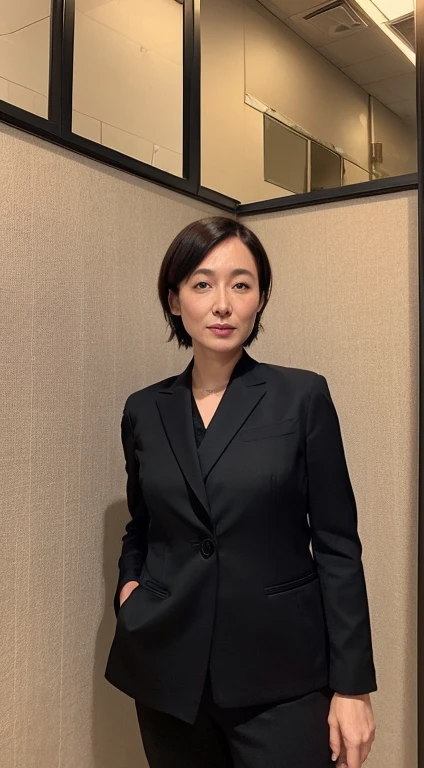 (((Japanese 38 year old mature woman))),top-quality, ​masterpiece, hight resolution, Photorealsitic, Raw photography, flawless, profetional lighting, ighly detailed, depth of fields,traditional Japanese room, (((60 year old))), (((Wrinkles on the face))),Nasolabial folds on the face,(((There are stains on the body))) chubby figure, Female sexy, Detailed face, beautidful eyes, bangss, sagging breasts, Straight light brown hair that reaches to the shoulders, Faint lips, ((stand facing forward、Staring at the viewer&#39;serious face eyes.)),small diamond necklace,(((black office lady suit))),skirt by the,(Black high heels), Knee removes foot from frame