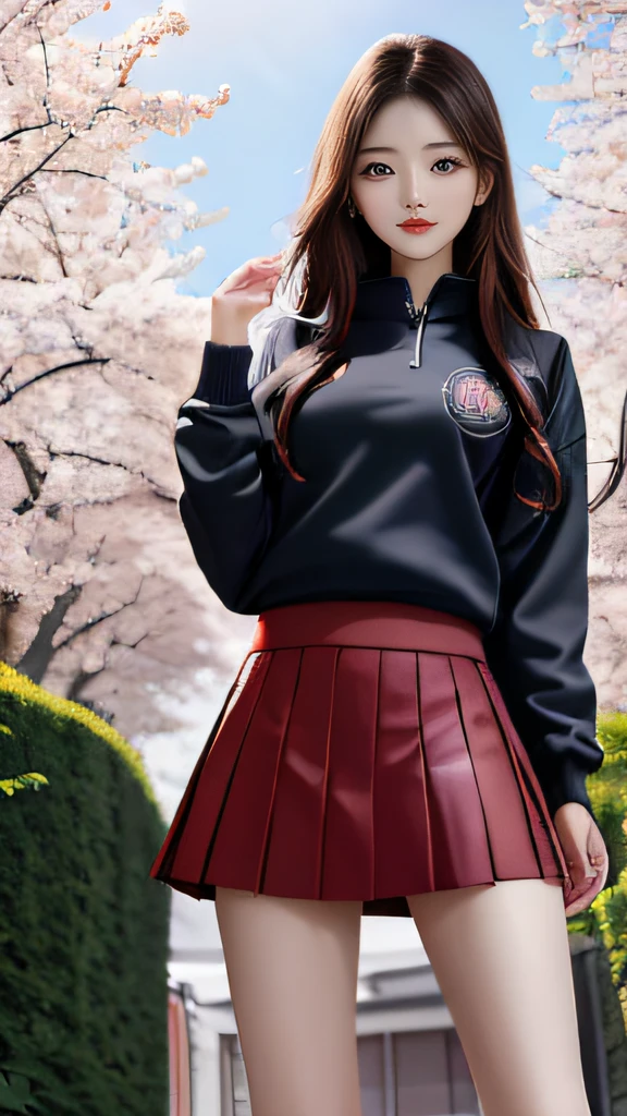 ((Best quality)), (ultra - detailed), (extremely detaild的 CG unified 8k wallpapers), Very meticulous, High-resolution RAW color photos, professional photoshooting, 1900 Anciat:1.3),A cute girl stands up and poses for a photo, (Girl wearing sweatshirt and leather skirt:1.2),(Professional and meticulous clothing design:1.3),red pink lips,cabelos preto e longos,athletic sneakers,Aristocratic design,(Petals splash art on background:1.1)(a professional shot of),Extremely beautiful, perfect body figure,Have a perfect view of your legs