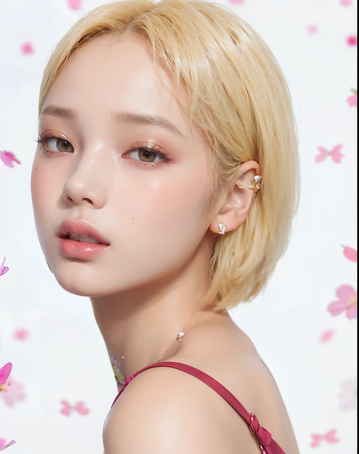 un primer plano de una mujer con un vestido rosa y un fondo de flores rosas, inspirado por Yanjun Cheng, maquillaje popular de Corea del Sur, maquillaje coreano popular, Retrato de Jossi de Blackpink, Yanjun Chengt, Parque Roseanne de Blackpink, Retrato suave disparado 8K, Blackpink Jennie, inspirado por Sim Sa-jeong, Taejune Kim, Render de abril