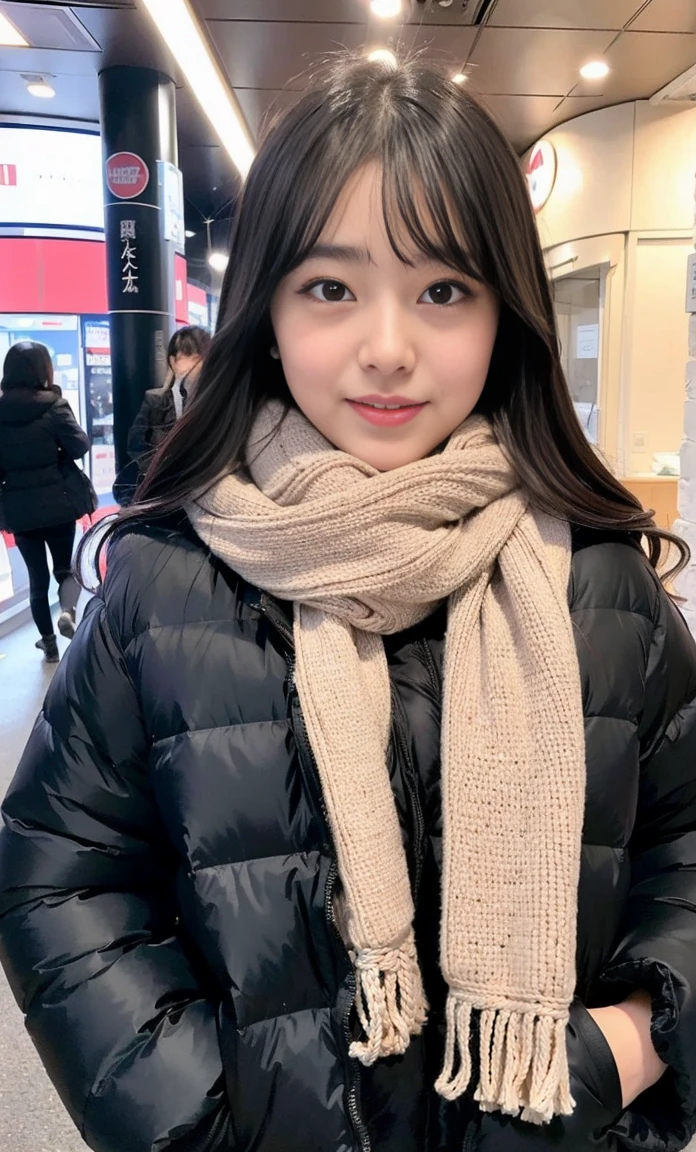 ulzzang -6500-v1.1, (Raw foto:1.2), (Photorealsitic:1.4), a beautiful detailed girl, extremely detailed eye and face, beatiful detailed eyes, Ridiculous, unbelievable Ridiculous, huge filesize, ultra-detailliert, hight resolution, ighly detailed, top-quality, ​masterpiece, Kemomimi, ((Wearing a scarf around your neck)), ((black puffy down jacket)), (((Japan schoolgirl uniform))), illustratio, ighly detailed, nffsw, unification, 8k wallpaper, astonishing, finely detail, ​masterpiece, top-quality, Highly detailed ticker uniform 8K wallpaper, face lights、Cinematographic lighting、1girl in、sixteen years old,