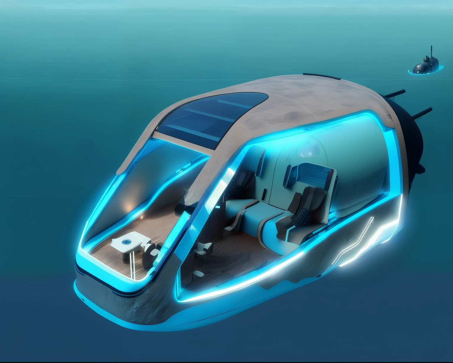 Close-up of a sightseeing submarine with seats and steering wheel on the ocean floor,Concept ship, , industrial design concept,8K
