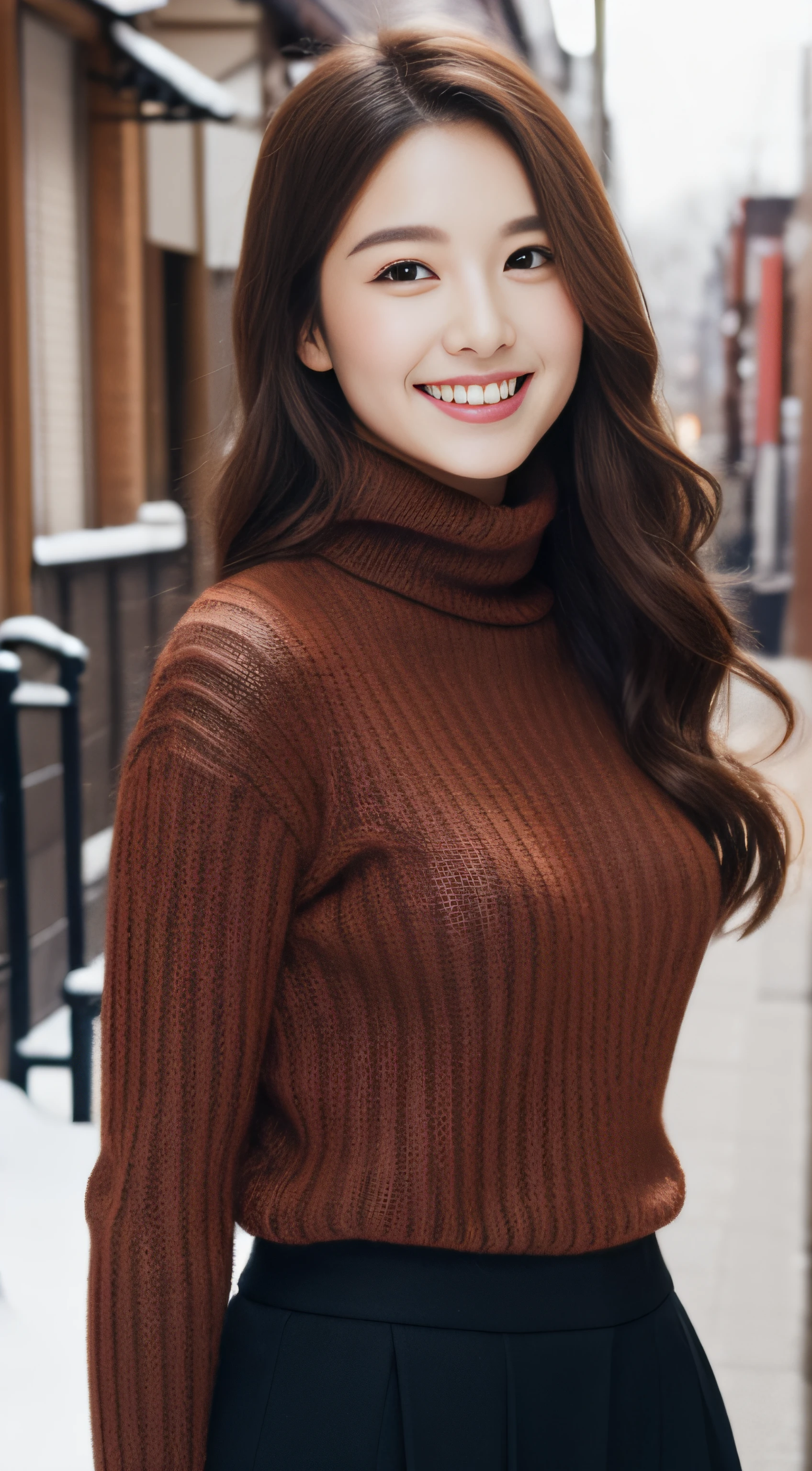 The face of the hostess、turtleneck wool sweater、hiquality、A hyper-realistic、healthy、Smiling expression、Slender perfect figure、Japan Beauty、 perfect eyes、Beautiful skin、The upper part of the body、Snowy city、enticing