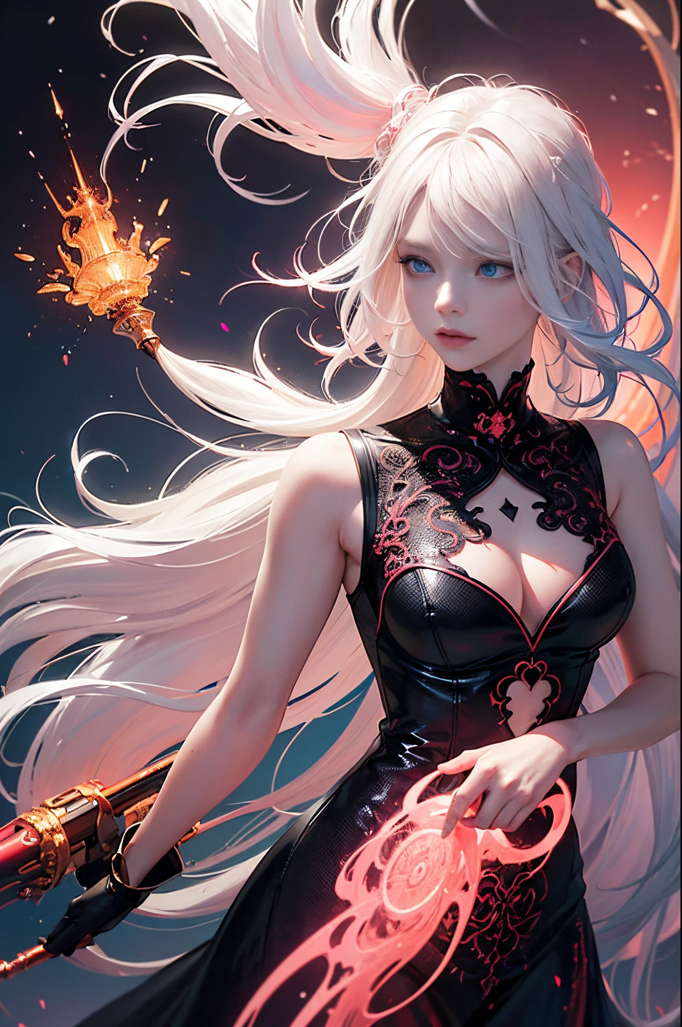 coralbug (albino woman, white hair styled voluminous waves), photo RAW, (black, dark red and neon pink : shiny aura,perfect eyes, blue eyes:1.2,highly detailed, red filigree, intricate motifs, organic tracery, glowing stardust , perfect composition, smooth, sharp focus, sparkling particles, lively coral reef background Realistic, realism, hd, 35mm photograph, 8k), masterpiece, award winning photography, natural light, perfect composition, high detail, hyper realistic