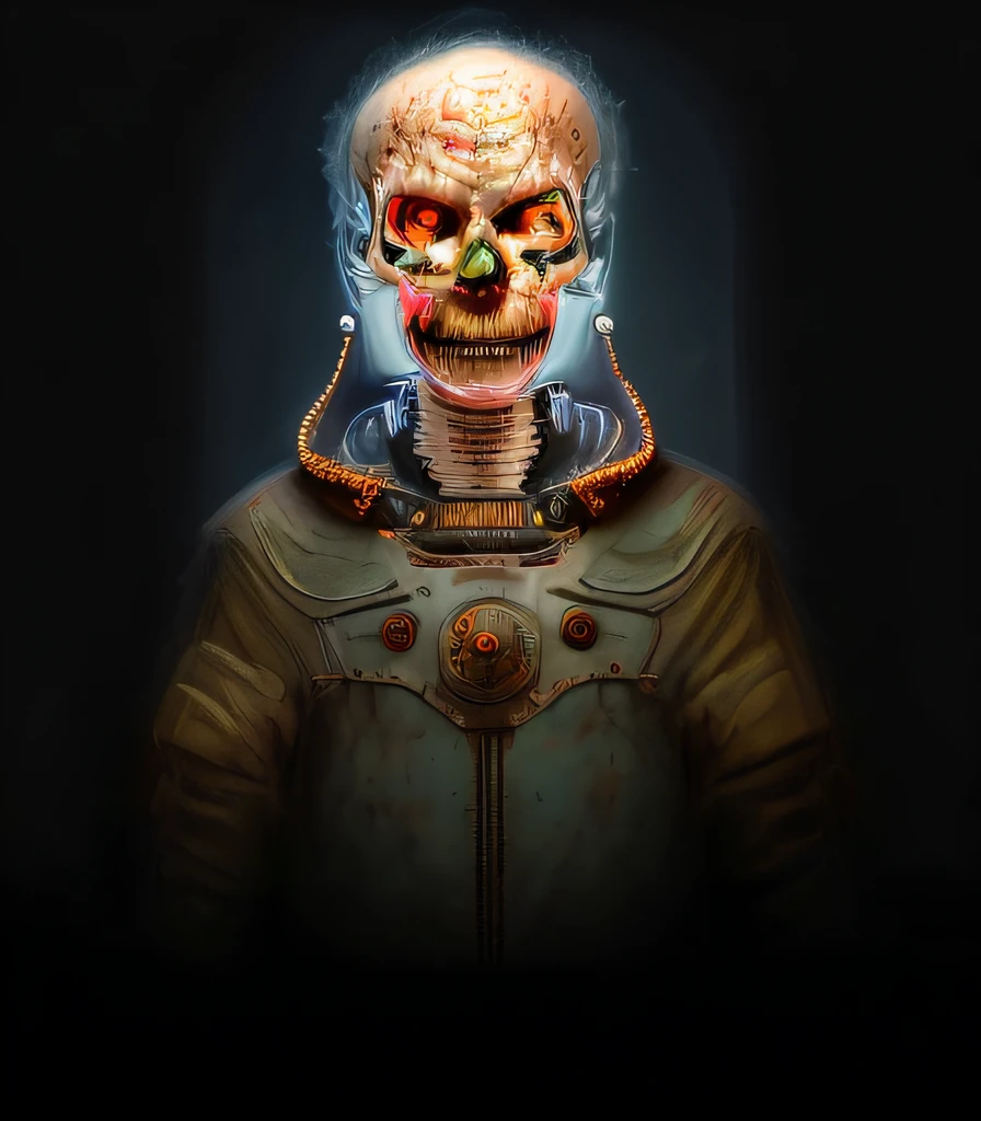 There  a digital painting，Drawing of a man with a brain on his head, Mars Attack, Inspired by Jim Burns, style of jim burns, 《Ghosts chase ghosts》needle in, when mars strikes, Portrait of a humanoid alien, Inspired by Terry Oakes, Space robot portrait, alien astronaut, sci - fi character, The initial stages of Impact 2