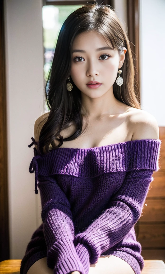ulzzang -6500-v1.1, (Raw foto:1.2), (Photorealsitic:1.4), a beautiful detailed girl, extremely detailed eye and face, beatiful detailed eyes, Ridiculous, unbelievable Ridiculous, huge filesize, ultra-detailliert, hight resolution, ighly detailed, top-quality, masterpiece, Kemomimi, ((Purple Off-Shoulder Knit Mini Dress)), illustratio, ighly detailed, nffsw, unification, 8k wallpaper, astonishing, finely detail, masterpiece, top-quality, Highly detailed ticker uniform 8K wallpaper, face lights、Cinematographic lighting、1girl in、sixteen years old、(witheout panties)、((Dynamically hiding the face behind the muffler)、Winters、kou