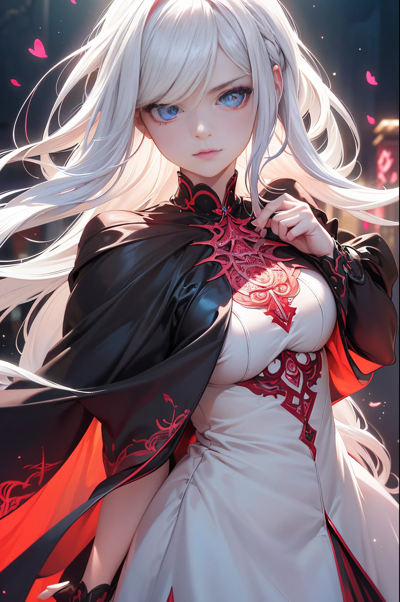 coralbug (albino woman, white hair styled voluminous waves), photo RAW, (black, dark red and neon pink : shiny aura,perfect eyes, blue eyes:1.2,highly detailed, red filigree, intricate motifs, organic tracery, glowing stardust , perfect composition, smooth, sharp focus, sparkling particles, lively coral reef background Realistic, realism, hd, 35mm photograph, 8k), masterpiece, award winning photography, natural light, perfect composition, high detail, hyper realistic