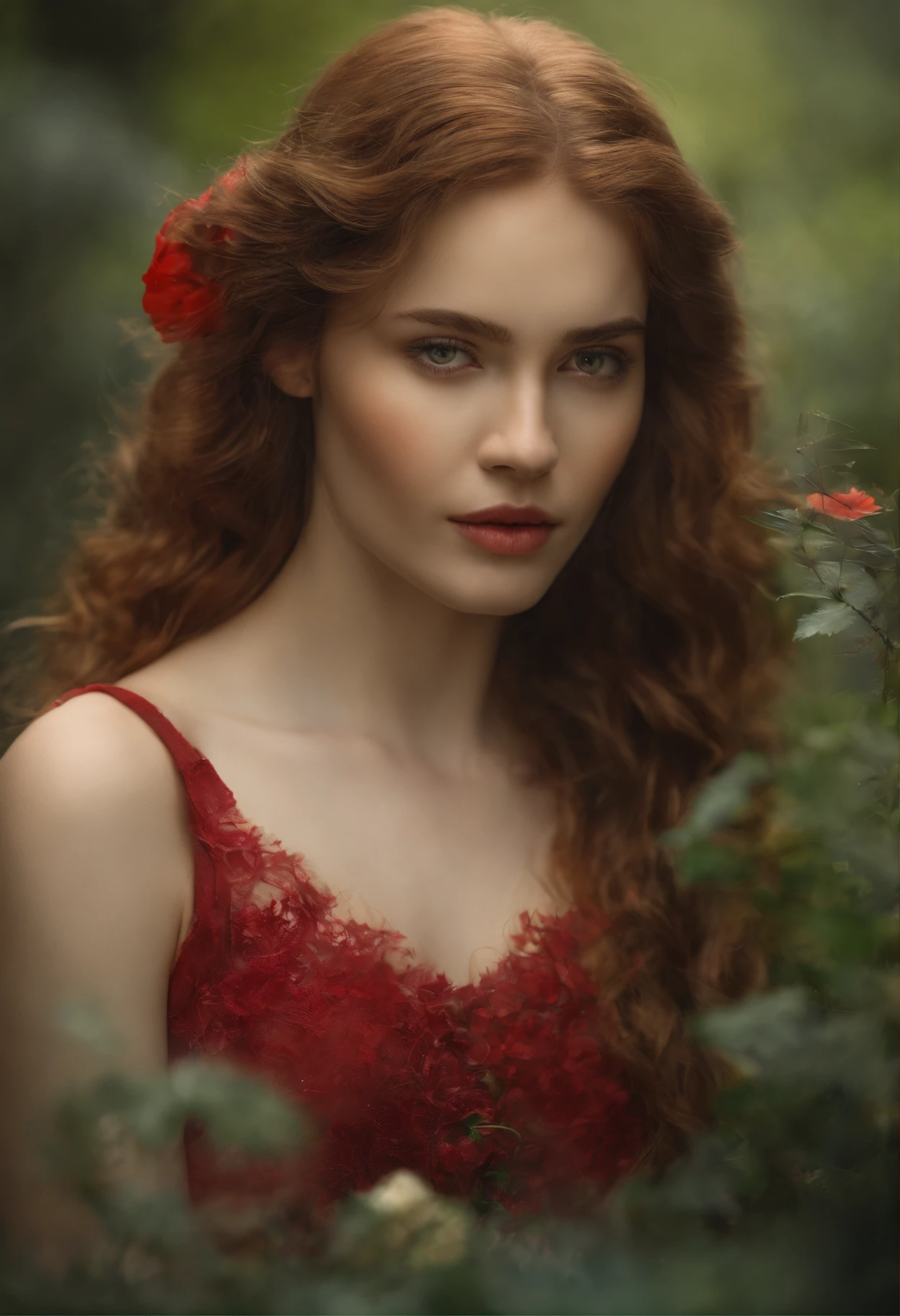 Kırmızı başlıklı kız, detailed facial features, vibrant red cape, lush green forest background, soft natural lighting, oil painting, ultra-detailed illustration, vivid colors, dreamlike scenery, realistic textures, highres, fairytale-like atmosphere, curly golden hair, innocent expression, mesmerizing eyes, graceful pose, magical atmosphere, enchanting ambiance, mysterious shadows, beautiful flowers, delicate butterfly, storybook fantasy, traditional folklore, youthful charm, whimsical art style, timeless beauty, picturesque landscape.