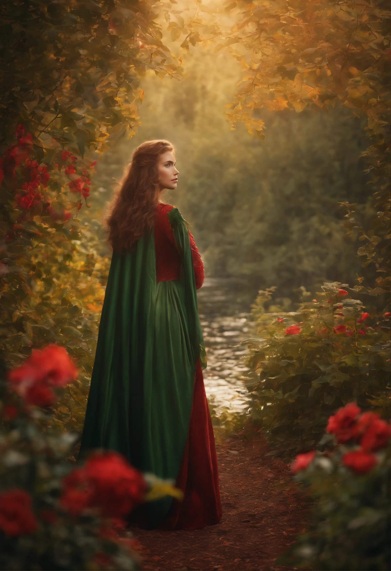 Kırmızı başlıklı kız, detailed facial features, vibrant red cape, lush green forest background, soft natural lighting, oil painting, ultra-detailed illustration, vivid colors, dreamlike scenery, realistic textures, highres, fairytale-like atmosphere, curly golden hair, innocent expression, mesmerizing eyes, graceful pose, magical atmosphere, enchanting ambiance, mysterious shadows, beautiful flowers, delicate butterfly, storybook fantasy, traditional folklore, youthful charm, whimsical art style, timeless beauty, picturesque landscape.