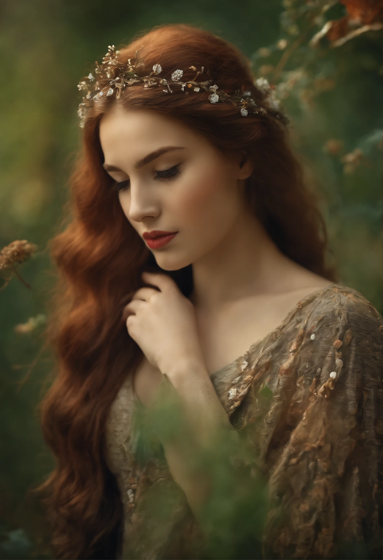 Kırmızı başlıklı kız, detailed facial features, vibrant red cape, lush green forest background, soft natural lighting, oil painting, ultra-detailed illustration, vivid colors, dreamlike scenery, realistic textures, highres, fairytale-like atmosphere, curly golden hair, innocent expression, mesmerizing eyes, graceful pose, magical atmosphere, enchanting ambiance, mysterious shadows, beautiful flowers, delicate butterfly, storybook fantasy, traditional folklore, youthful charm, whimsical art style, timeless beauty, picturesque landscape.