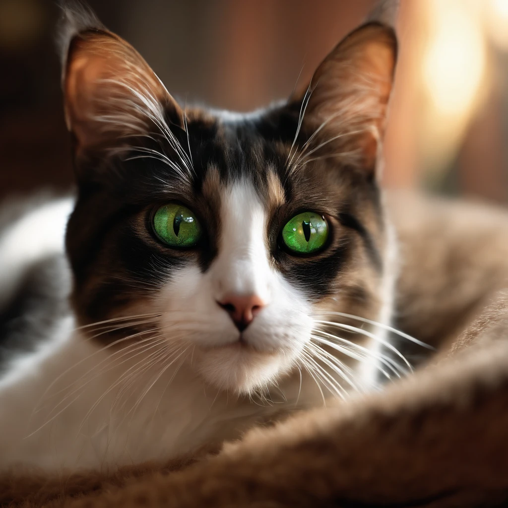 a green eyed cat protecting a beautiful brunette (masterpiece: 1.5) (photorealistic: 1.1) (bokeh) (best quality) (detailed skin texture pores hair: 1.1) (intricate) (8k) (HDR) (wallpaper) (cinematic lighting) (sharp focus )