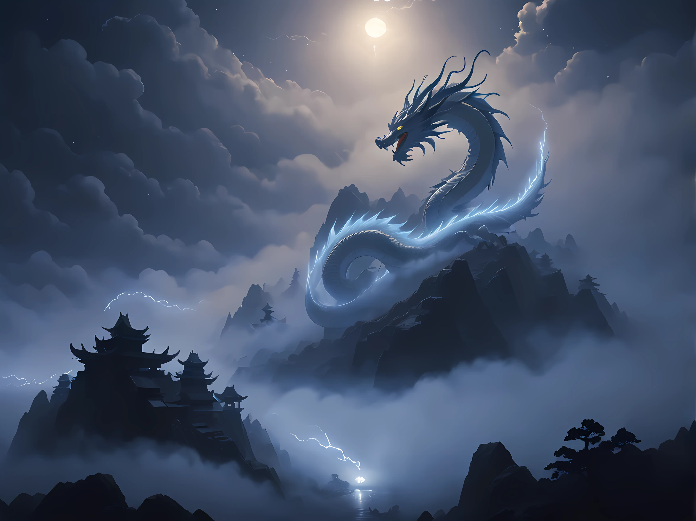(masterpiece, best quality, thunders:1.2), (Asian White Dragon:1.3), sky, beautiful, (fog, foggy:1.5), (night, dark, no light: 1.7), (darkness, shadow:1.7), clouds, clean, cliffountain peaks, minimalism:1.4), ultra clean, Ultra detailed, studio ghibli, wallpaper, clean, warm tone, god rays, anime style, cinematic lighting, bloom, ray tracing, reflection light, masterpiece, super detail, highres, best quality