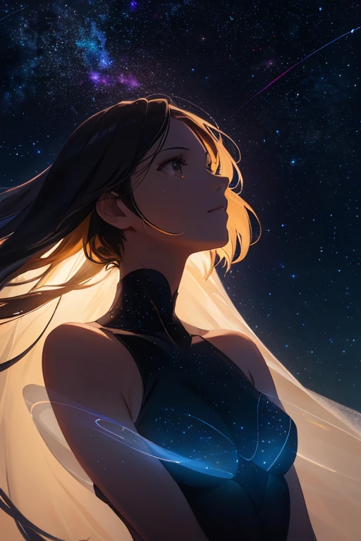 imagery of Longing for True Self. ((silhouette figure gazing upward under the cosmos)). (close up and focal point on silhouette). (vibrant flaming heart). (Stars cascading like tears). Dynamic lighting, ethereal glow, Subtle luminescence, (tear-like stars), Soft focus, draw viewer's eye, Bokeh effect, dreamlike cosmic elements, Added texture, tactile feel, Profound emotional layers, Composition centered, (silhouette close-up), Interplay of light and shadow, Highlighting infinite potential, Deep universe connection.