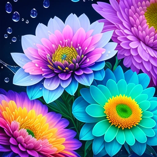 Close-up of a bouquet of flowers with water drops, Eine magische bunte Blume, satte Blumenfarbe, Magische Blumen, Lebendige und satte Farben, Colorful alien flora, bunte Blume, Bunte Blumen, Bunter HD-Tropfen, lebendig und farbenfroh, beautiful art uhd 4 k, Beautiful and colorful, Neonblumen, strong and vibrant colors, Farbenfroh und lebendig, Komplizierte, lebendige Farben