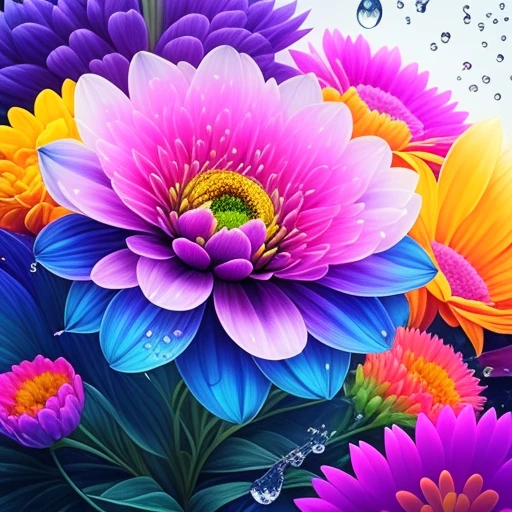 Close-up of a bouquet of flowers with water drops, Eine magische bunte Blume, satte Blumenfarbe, Magische Blumen, Lebendige und satte Farben, Colorful alien flora, bunte Blume, Bunte Blumen, Bunter HD-Tropfen, lebendig und farbenfroh, beautiful art uhd 4 k, Beautiful and colorful, Neonblumen, strong and vibrant colors, Farbenfroh und lebendig, Komplizierte, lebendige Farben