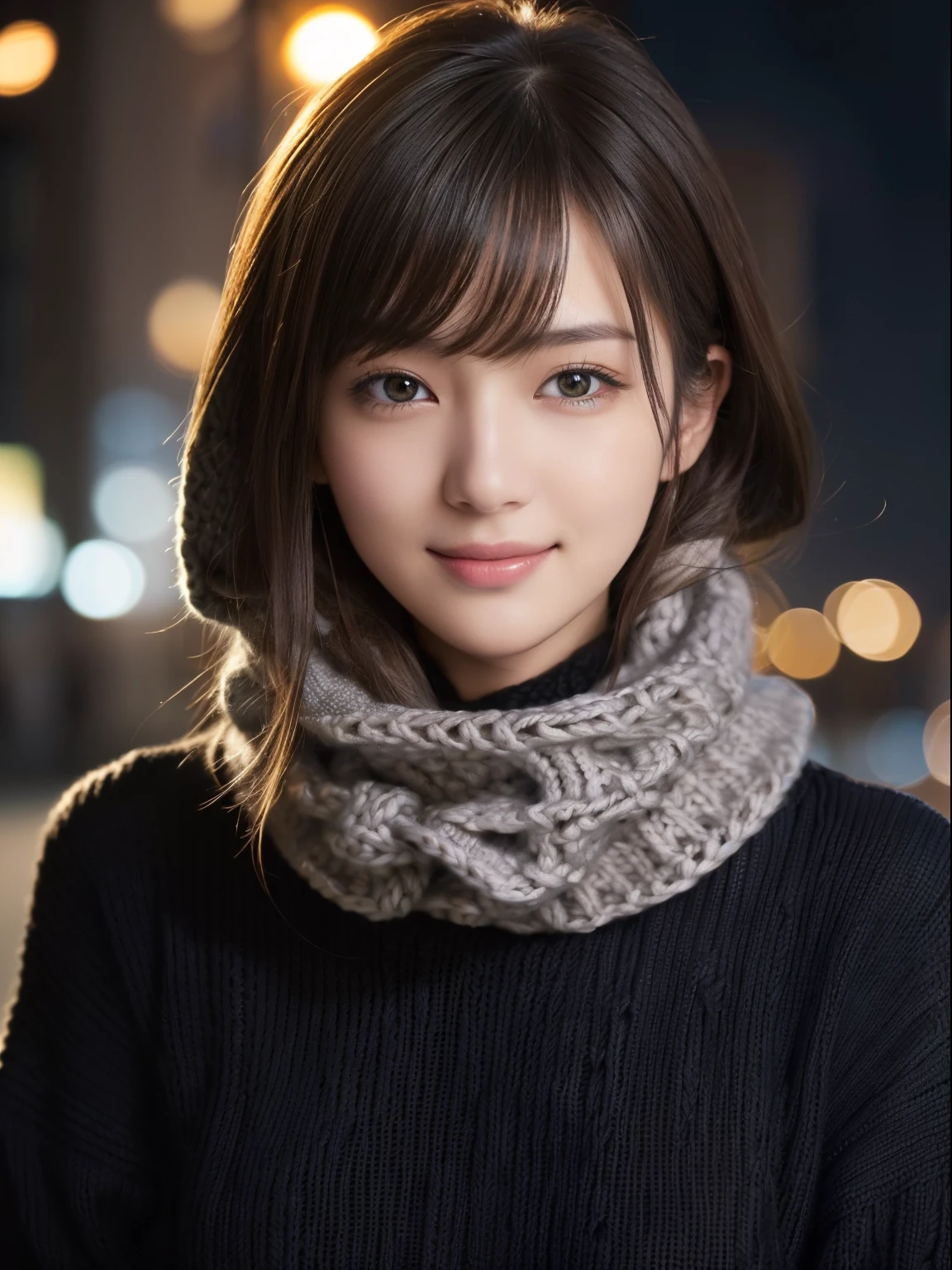 1 japanese idol,(Black sweater:1.4),(She wears a knitted snood around her neck to hide her chin.....:1.5), (Raw photo, Best Quality), (Realistic, Photorealsitic:1.4), Shorthair, masutepiece, extremely delicate and beautiful, Extremely detailed, 8k wallpaper, amazing, finely detail, extremely detailed CG Unity, hight resolution, Soft light, beautiful detail, age19, extremely detailed eye and face, beautiful detailed nose, Beautiful detailed eyes,Cinematic lighting,city light at night,Perfect Anatomy,Slender face、Slender body,(A smile)、(hair messy, asymmetrical bangs, light brown hair,)