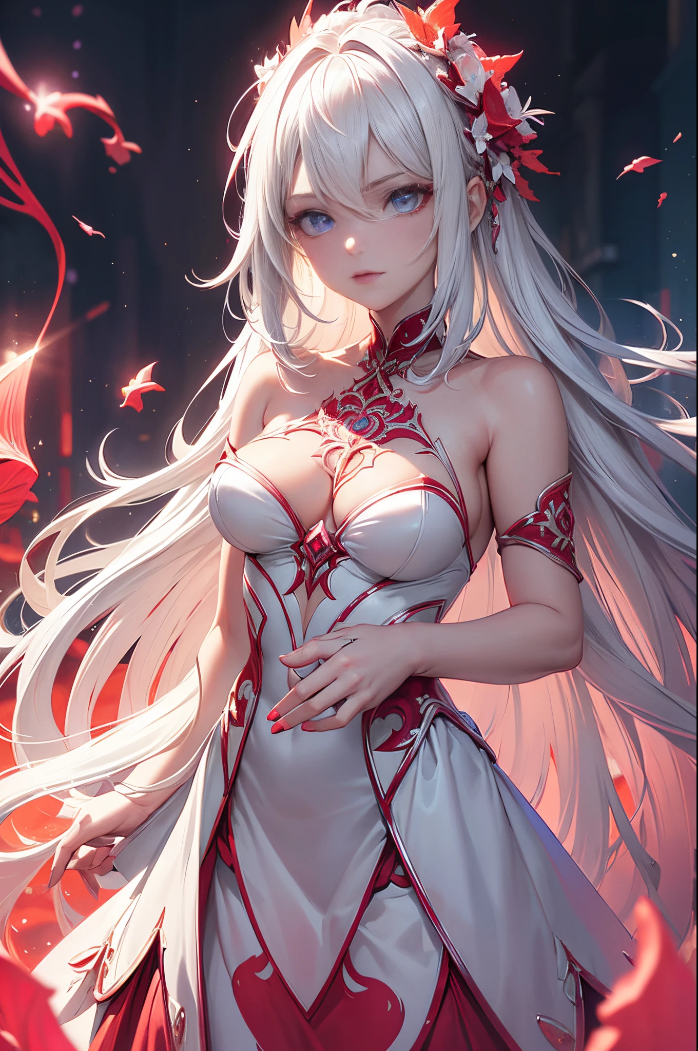coralbug (albino woman, white hair styled voluminous waves), photo RAW, (black, dark red and neon pink : shiny aura,perfect eyes, blue eyes:1.2,highly detailed, red filigree, intricate motifs, organic tracery, glowing stardust , perfect composition, smooth, sharp focus, sparkling particles, lively coral reef background Realistic, realism, hd, 35mm photograph, 8k), masterpiece, award winning photography, natural light, perfect composition, high detail, hyper realistic