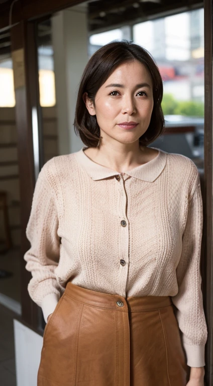(((Japanese 32 year old mature woman))),top-quality, masterpiece, hight resolution, Photorealsitic, Raw photography, flawless, profetional lighting, ighly detailed, depth of fields,street corner, (((60 year old))), (((Wrinkles on the face))),Nasolabial folds on the face,(((There are stains on the body))) chubby figure, Female sexy, Detailed face, beautidful eyes, bangss, sagging breasts, Straight light brown hair that reaches to the shoulders, Faint lips, ((stand facing forward、Staring at the viewer'serious face eyes.)),Brown coat,Long sleeveTThe shirt,Long skirt in jeans, Knee removes foot from frame