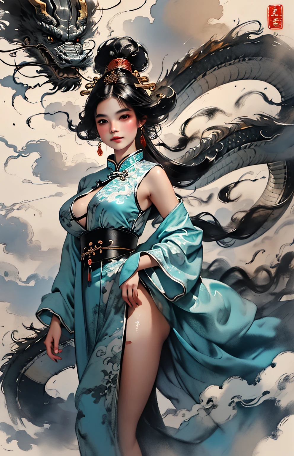 low-contrast(ink wash style:1.2),  Double exposure shooting，The background  rich in detail,tmasterpiece, professionalartwork, famousartwork, 1 busty girl, (Full body lesbian:1.5), chinesedragon(legs long:1.2), (Milky skin, Glowing and radiant skin:1.2)
Tradition Chinese Ink Painting style，Wear traditional Chinese clothes:1.3）Cute girl and Chinese dragon，There are many auspicious clouds in the picture, Then use a dry brush to create thick strokes,watercolor ink painting, Full body lesbian,Extreme long shot, Surrounded by a lot of fish, Dry brush thick strokes, zhang daqian&#39;Painting, Clear facial features watercolor ink painting