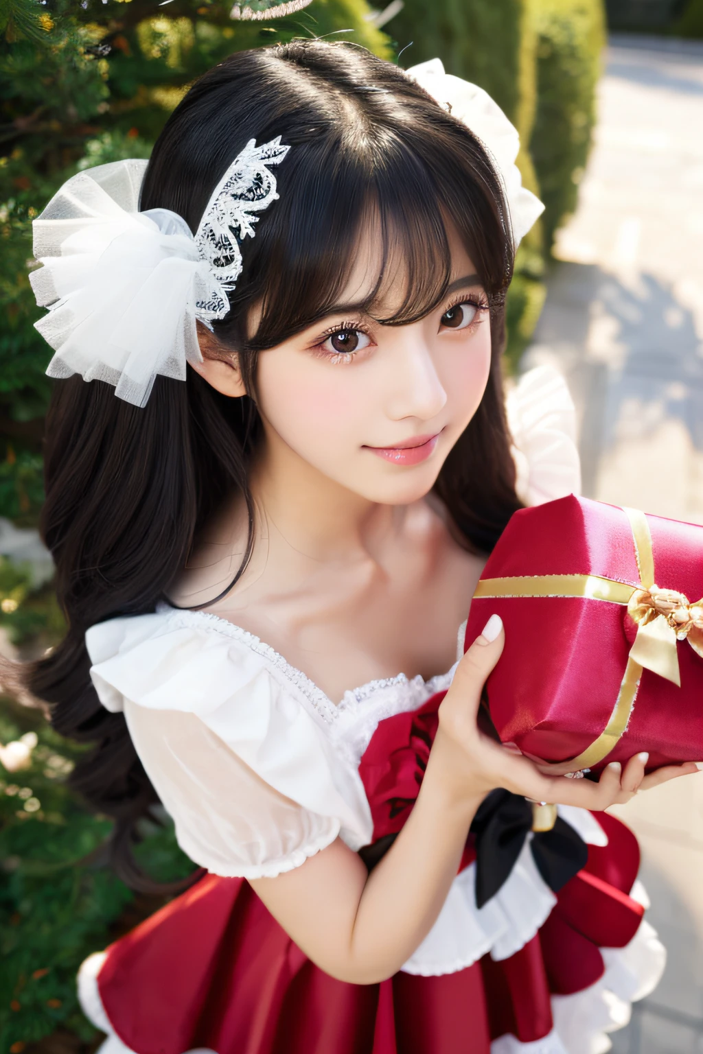 Black-haired innocent idol、Layered Hair Style、Santa Claus Costume、Kamimei、Shooting from above、Holding a present in hand、Voluminous bust size、Wow big,, Best Quality, wall-, ,Photorealistic, High resolution