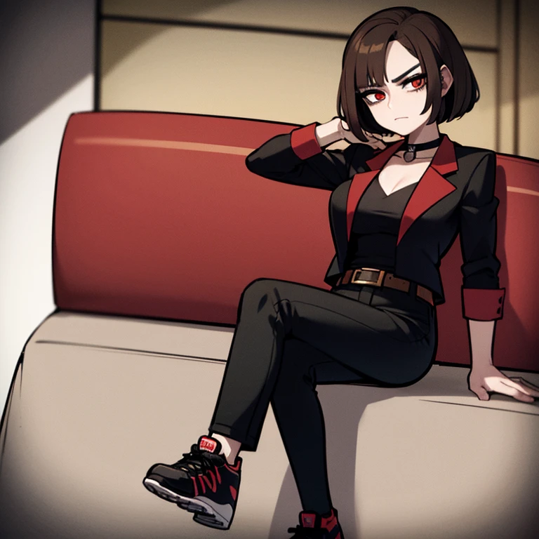 woman, 24 years old, brown hair, shaved on the right side, red eyes, wearing a black blazer, a black shirt, black pants with a long belt, and black and white sneakers, sitting on a sofa in a mansion