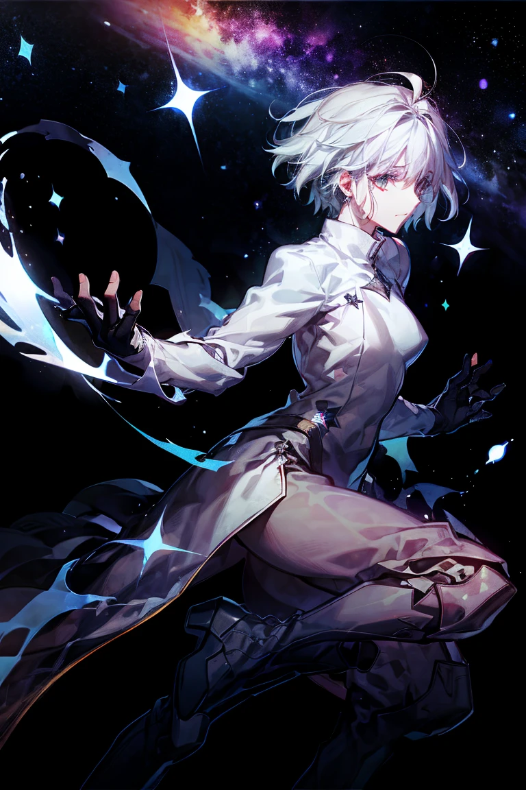 Perspectives,, White sweater， Separate collar，bshoulders,，(White hair), whitegloves，White boots,bshoulder,white  clothelue eyes background entire galaxy starry sky，gorgeous one,Twinkling starlight，Boundless beauty。As estrelas（sky sky），scenecy，starrysky，natta。Hand repair