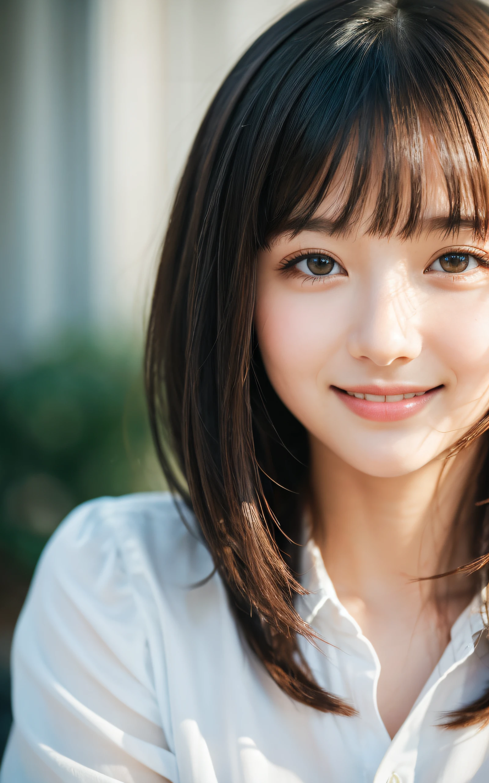 masutepiece, Best Quality, 8K, 1 girl, close-up, Close-up of face, 20 yo, cute little, Solo, Arch Smile, Cute, Girly, Delicate girl, Neat and clean beauty, Raw photo, Professional Photography, Portrait, Soft light, Professional Lighting, Back lighting, look forward to your eyes, Sophisticated, Film grain, (Eyes and faces with detailed:1.0), Short-length floating hair, Beautiful flowing hair, Bangs