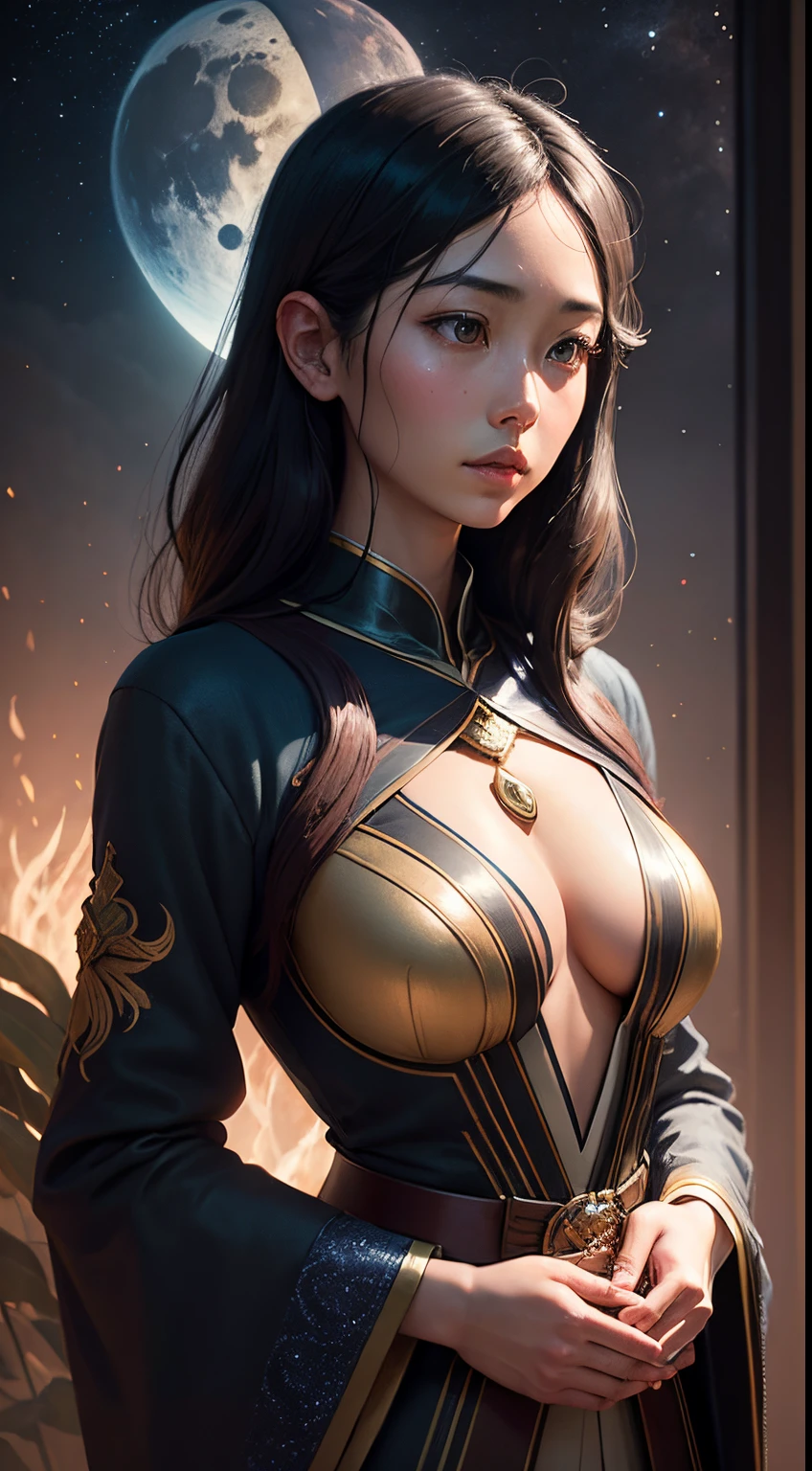 GEOFF DIEGO LITHERLAND, Yasuko Sakata,  Surreal, mysterious, strange, fantastical, fantasy, Sci-fi, Japanese anime, night of plastic models, under the crescent moon, solo beautiful girl perfect voluminous body, detailed masterpiece