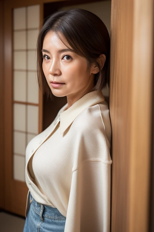 (((Japanese 41 year old mature woman))),top-quality, masterpiece, hight resolution, Photorealsitic, Raw photography, flawless, profetional lighting, ighly detailed, depth of fields,traditional Japanese room, (((60 year old))), (((Wrinkles on the face))),Nasolabial folds on the face,(((There are stains on the body))) chubby figure, Female sexy, Detailed face, beautidful eyes, bangss, sagging breasts, Straight light brown hair that reaches to the shoulders, Faint lips, ((stand facing forward、Staring at the viewer'serious face eyes.)),Brown coat,Long sleeveTThe shirt,Long skirt in jeans, Knee removes foot from frame