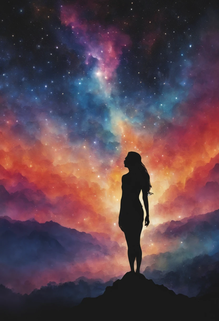 imagery of Longing for True Self. ((silhouette figure gazing upward under the cosmos)). close up and focal point on silhouette. wide shot. (vibrant flaming heart). (Stars cascading like tears). Dynamic lighting, ethereal glow, Subtle luminescence, (tear-like stars), Soft focus, draw viewer's eye, Bokeh effect, dreamlike cosmic elements, Added texture, tactile feel, Profound emotional layers, Composition centered, (silhouette close-up), Interplay of light and shadow, Highlighting infinite potential, Deep universe connection.