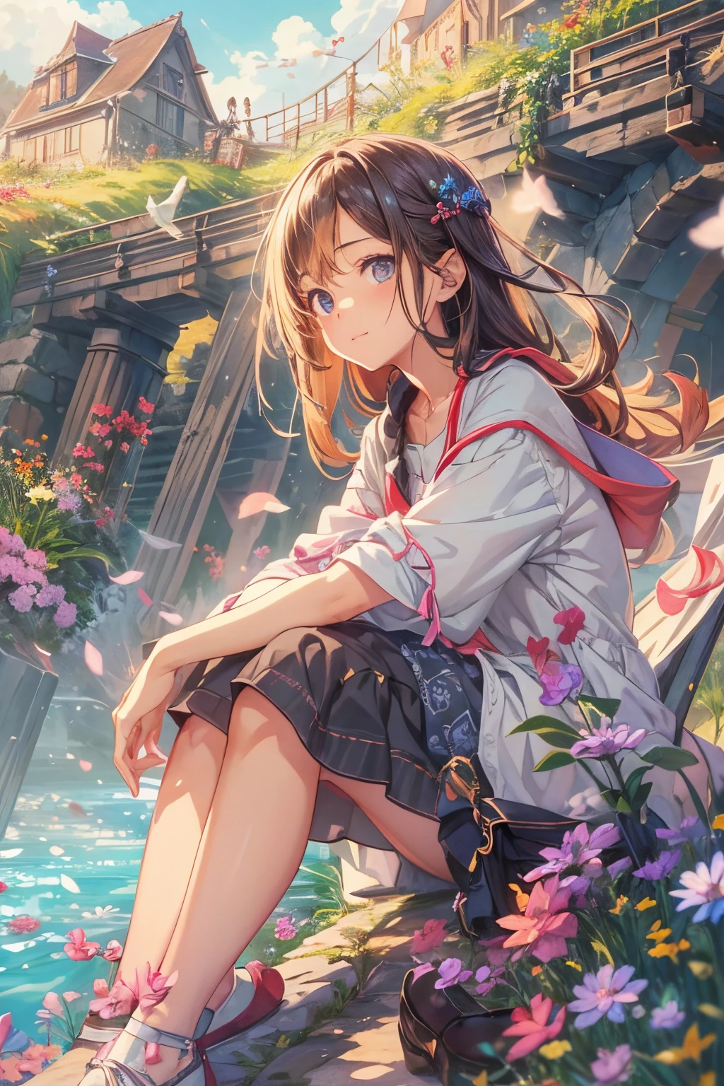 relaxing style, Warm atmosphere, masterpiece, best quality, ultra detailed beautiful face and eyes, girl with, Anime style, (A girl looking at the sky feeling refreshed by the pleasant wind and beautiful sky), springtime, sitting, A small bird is flying, suns, wildflowers, during a long journey, break, rivulets, small bridge, Relaxed smile