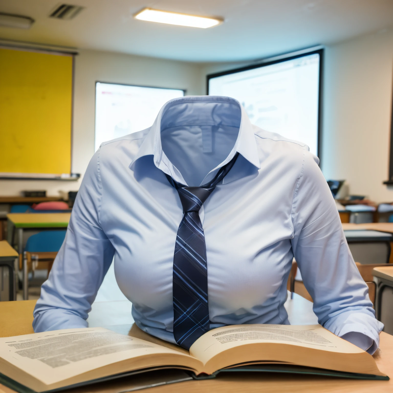 chubby, fat, white shirt, school cardigan, blue stripe tie, school tie, school uniform, reading books on bed, classroom, cute pose, (invisible, no humans, headless, faceless:1.5), cute big breasts, (close-up shot of breasts), (8k, RAW photo, best quality, masterpiece:1.2), (realistic, photo-realistic:1.37), photon mapping, radiosity, ((Hasselblad photography)), physically-based rendering