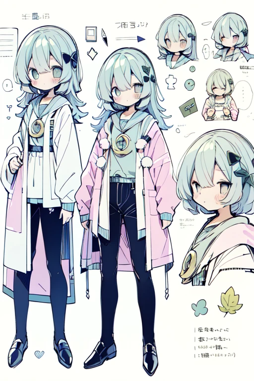 1girl in, ((Character information)、(Chara Leaf)、pastel dimmed colors, Type sheet, Character Sheets, Three types,Shot Full Body,Game Character Design,