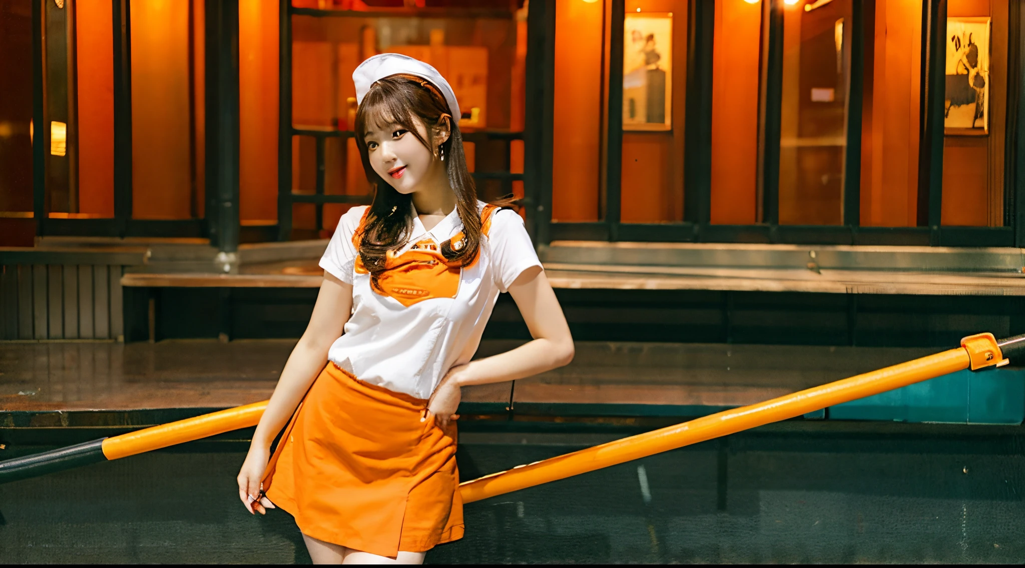 18 year old waitress in orange miniskirt