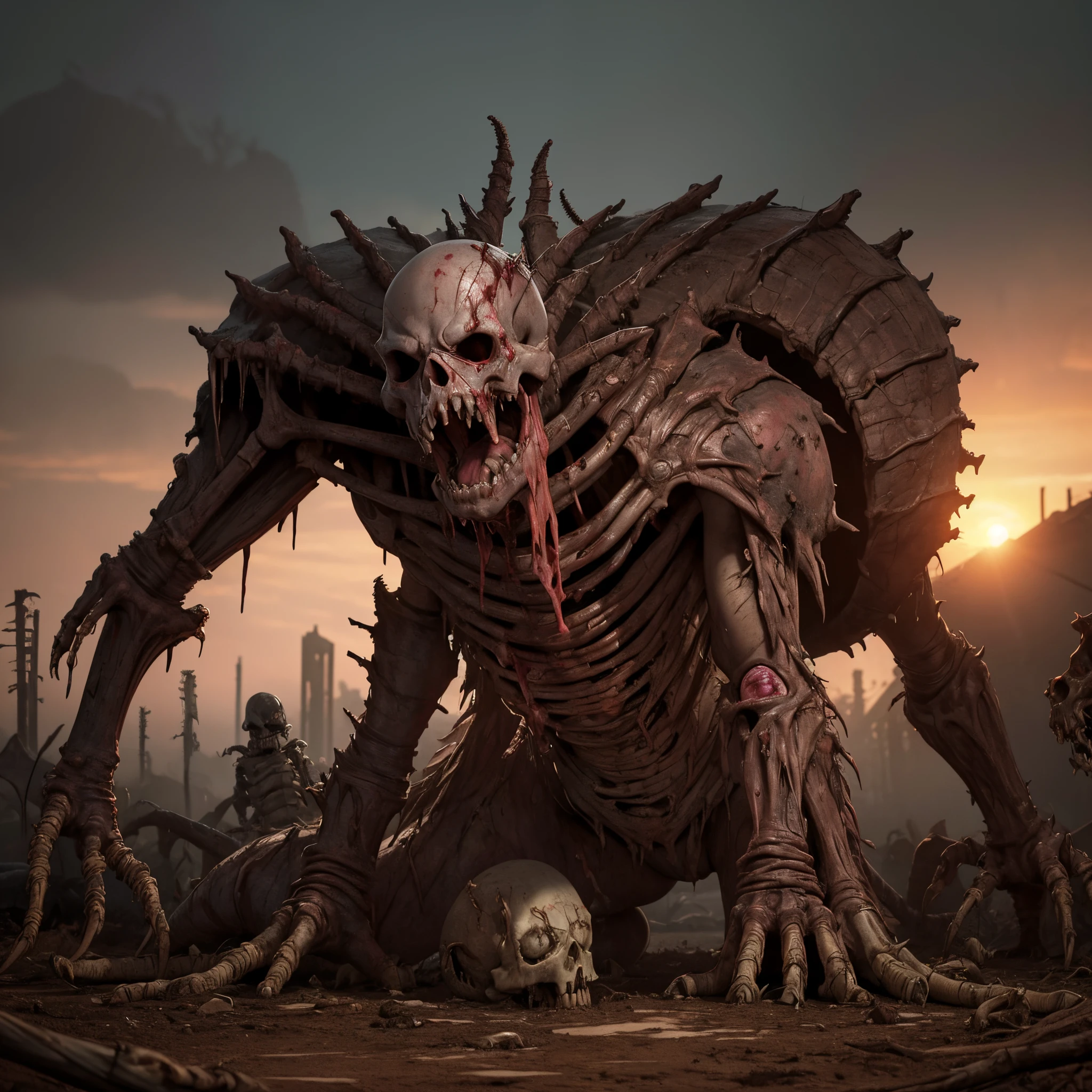 Masterpiece, highest quality, (high detail:1.2), creepy female monsters, creepy beasts, corner, phobia scene, bodies, corpsets, rotten meat, rotten skin, zoombie, blood, creepy, broken bone, bones, skeleton, a lot of dried blood and clots death, horror, obscure , shadows, swamp, horrifying creatures body rotten, sharp objects, living death, stumps, zoombies, gore, rotten organs, guts, dark macabre, virus, viruses and spores, mutants, mutations, altered DNA, sunset, strange creatures, post-apocalyptic, amputations, trauma, beats, bites, lacerations, hematomas and teratomas, post-apocalyptic background,1girl, blood tears, large breast, post mortem eyes, strange, tear the skin, blisters, rotten, fungus, undeath, dirt, human waste.