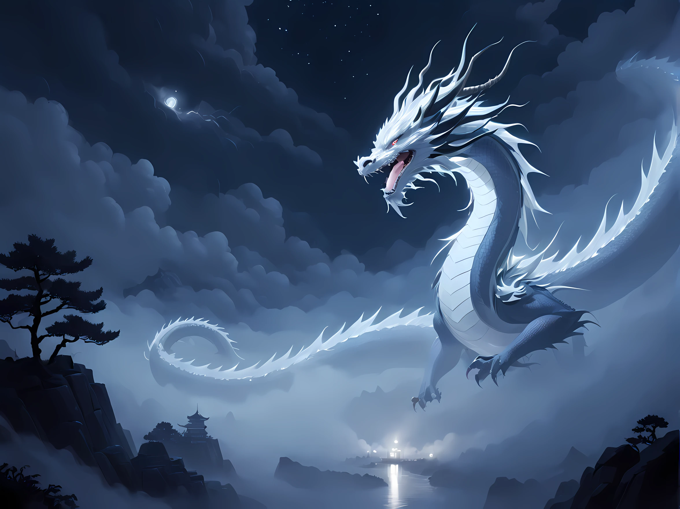 (masterpiece, best quality, thunders:1.2), (Asian White Dragon:1.3), sky, beautiful, (fog, foggy:1.5), (night, dark, no light: 1.7), (darkness, shadow:1.7), clouds, clean, cliffountain peaks, minimalism:1.4), ultra clean, Ultra detailed, studio ghibli, wallpaper, clean, warm tone, god rays, anime style, cinematic lighting, bloom, ray tracing, reflection light, masterpiece, super detail, highres, best quality