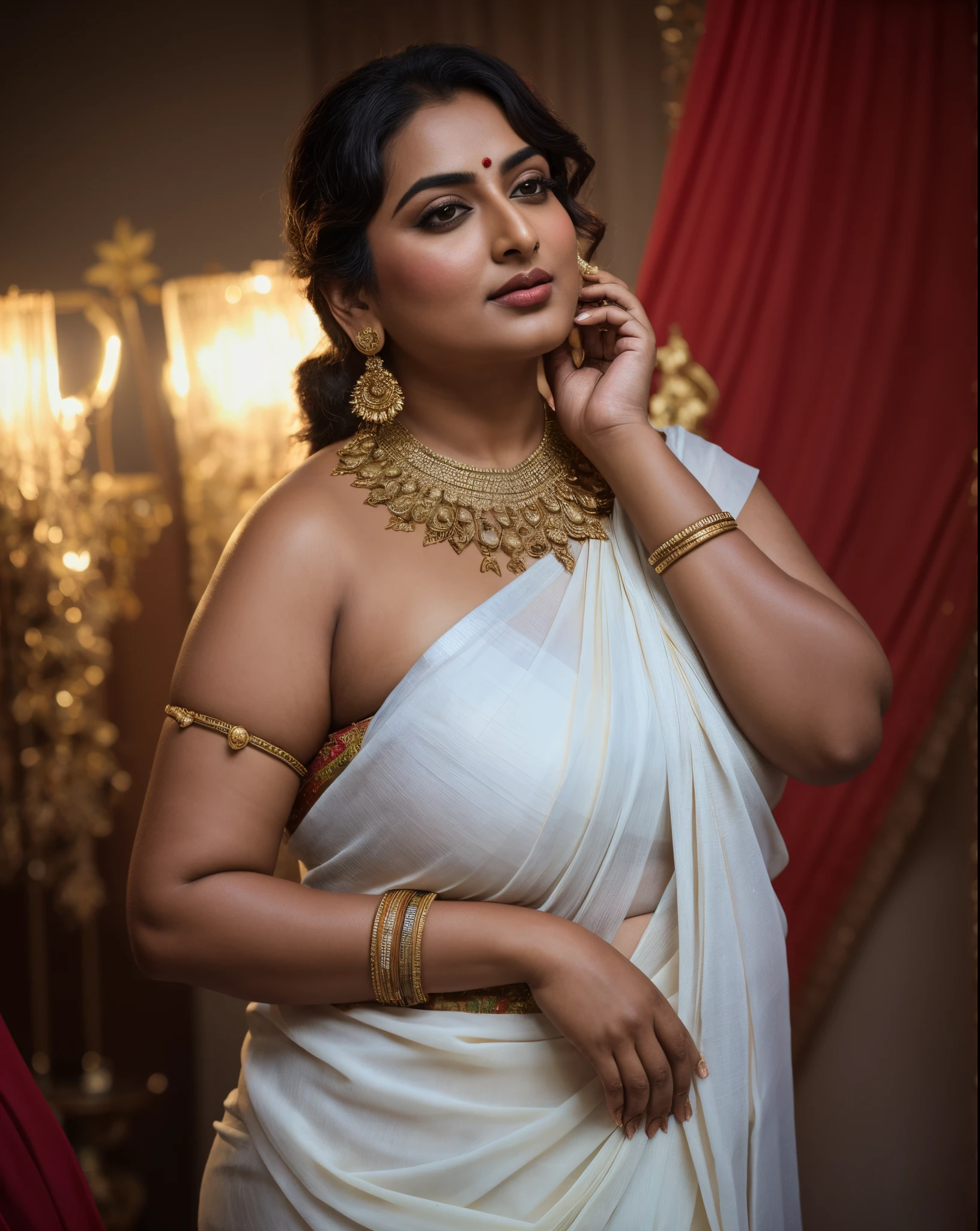 Foto RAW, photorealistic, photography, full body shot, master shot, goddess like beauty, perfect thick chubby mallu Desi aunty bhabhi, Wearing a Stanapatta, a chest-band.Saree model, model Photography, Indian saree shoot, Indian traditional wear advertising photography, traditional wear brand shoot, face of Indian actress Sonakshi Sinha, masterpiece, realistic, realism, incredible details,  pleasure, photorealism, detailed skin, skin pores, high contrast, photorealistic Artstation 8k HD digital art trend of high definition and detailed realistic skin texture, ultra detail, realistic skin texture, armature, best quality, ultra high definition, (photorealistic:1.4),, high resolution, detail, raw photo, Re sharp, by Lee Jefferies Nikon D850 Film Stock Photo 4 Kodak Portra 400 Camera F1.6 Lens Rich Color Ultra Real Realistic Realistic Textures Dramatic Lighting Unreal Engine Trending at Art Station Cinestill 800,(pele altamente detalhada: 1.2), 8k UHD, DSLR, soft-lighting, alta qualidade, grain of film, Fujifilm XT3,she didn't like to wear blouse or bra, she  happy to wear only saree, she hates blouse or bra,