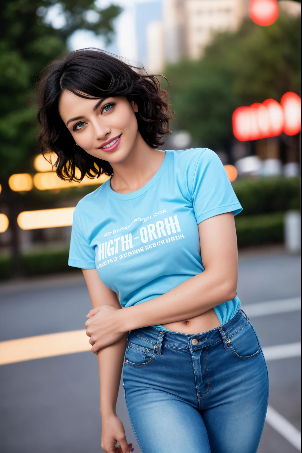 Masterpiece, (Morena Baccarin:Christina Hendricks:0.5), shy, nerdy, playful smile, high detail face, high detail skin, tight t-shirt and jeans, (high detail eyes:1.3), short hair, black hair, (small breasts:1.2), (strong athletic body), city park background, (UHD, 8K wallpaper, High resolution), Cinematic lighting, award-winning, extremely detailed skin, extra detailed face, high detail eyes, photo-realistic, Zeiss 85 mm F/1.4, by Ellen von Unwerth