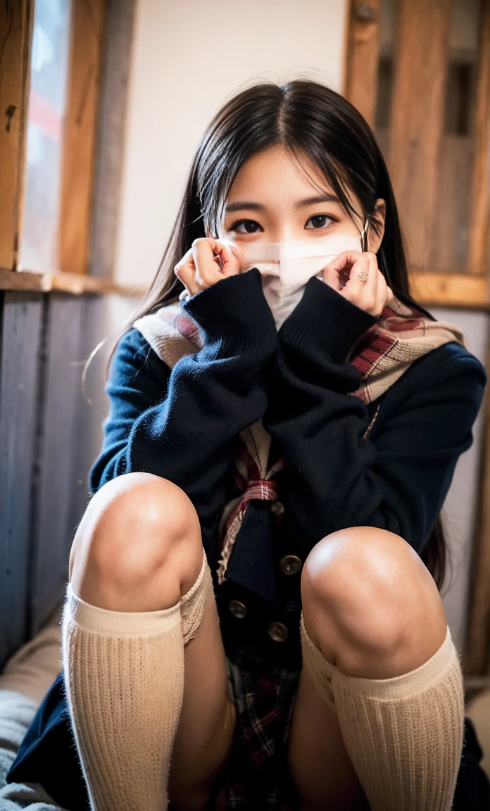 ulzzang -6500-v1.1, (Raw foto:1.2), (Photorealsitic:1.4), a beautiful detailed girl, extremely detailed eye and face, beatiful detailed eyes, Ridiculous, unbelievable Ridiculous, huge filesize, ultra-detailliert, hight resolution, ighly detailed, top-quality, ​masterpiece, Kemomimi, ((Bury your face in your scarf)), (((Japan schoolgirl uniform))), illustratio, ighly detailed, nffsw, unification, 8k wallpaper, astonishing, finely detail, ​masterpiece, top-quality, Highly detailed ticker uniform 8K wallpaper, face lights、Cinematographic lighting、1girl in、sixteen years old、(witheout panties)、((dynamicposes)))、(camel's toe)、(half)、(Crooked knees and legs sitting))