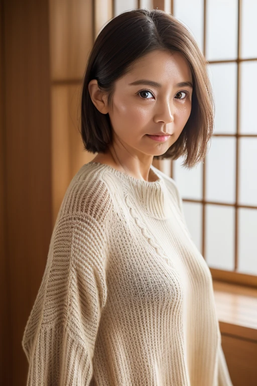 (((Japanese 41 year old mature woman))),top-quality, masterpiece, hight resolution, Photorealsitic, Raw photography, flawless, profetional lighting, ighly detailed, depth of fields,traditional Japanese room, (((41 year old))), (((Wrinkles on the face))),Nasolabial folds on the face,(((There are stains on the body))) chubby figure, Female sexy, Detailed face, beautidful eyes, bangss, sagging breasts, Straight light brown hair that reaches to the shoulders, Faint lips, ((stand facing forward、Staring at the viewer'serious face eyes.)),(((Tunic sweater))),skirt by the, Knee removes foot from frame