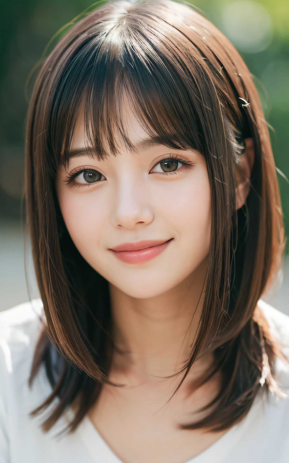 masutepiece, Best Quality, 8K, 1 girl, close-up, Close-up of face, 20 yo, cute little, Solo, Arch Smile, Cute, Girly, Delicate girl, Neat and clean beauty, Raw photo, Professional Photography, Portrait, Soft light, Professional Lighting, Back lighting, look forward to your eyes, Sophisticated, Film grain, (Eyes and faces with detailed:1.0), Short-length floating hair, Beautiful flowing hair, Bangs