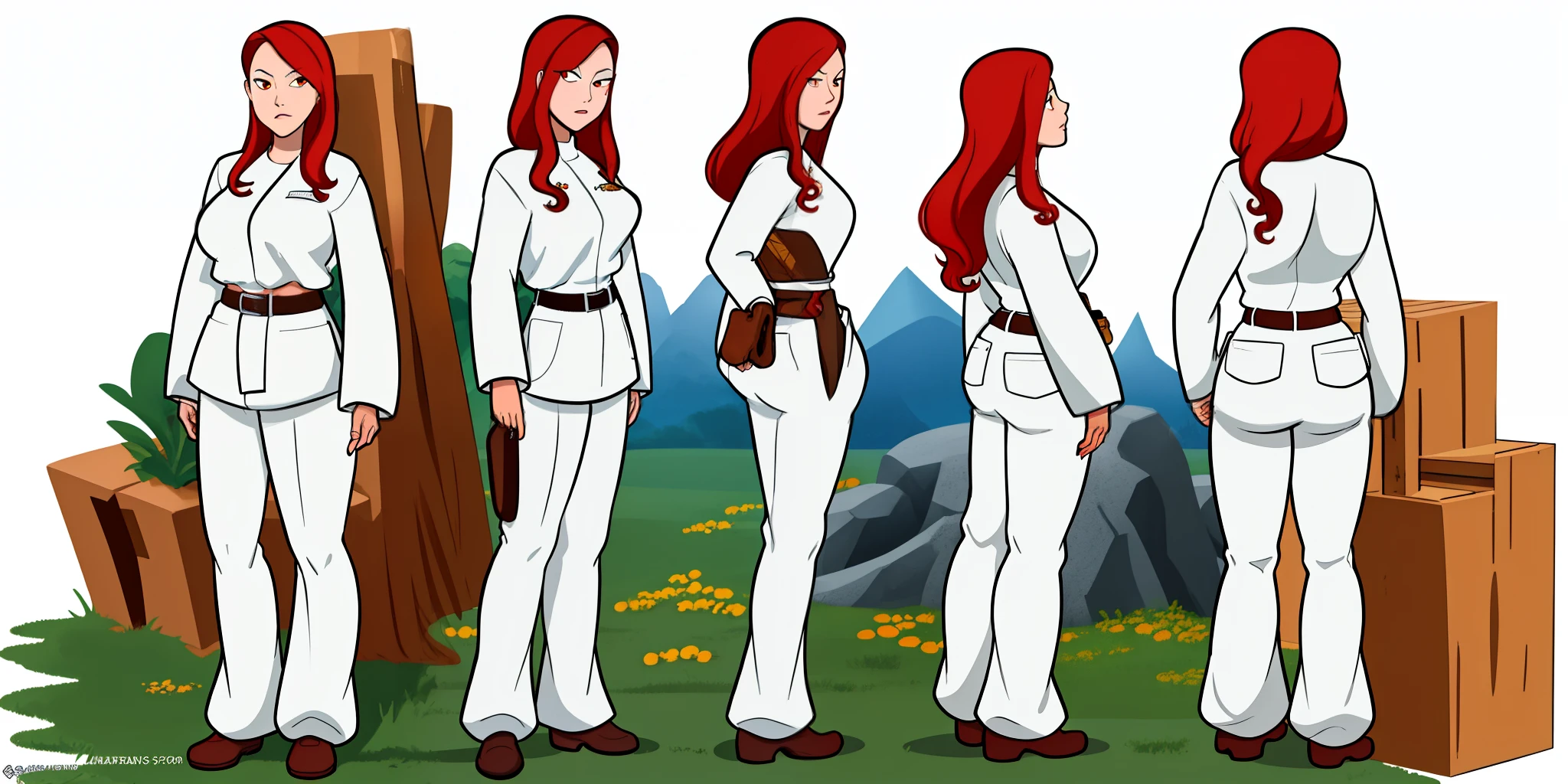 gbaportrait,, tall tan woman, 70s white jacket, bell bottom pants, long red hair, orange eyes, white clothes, belt, black shirt, standing, looking at viewer, professional, solemn, a character turnaround, ( background, white background), (multiple viewront, back, side, charturnerv2