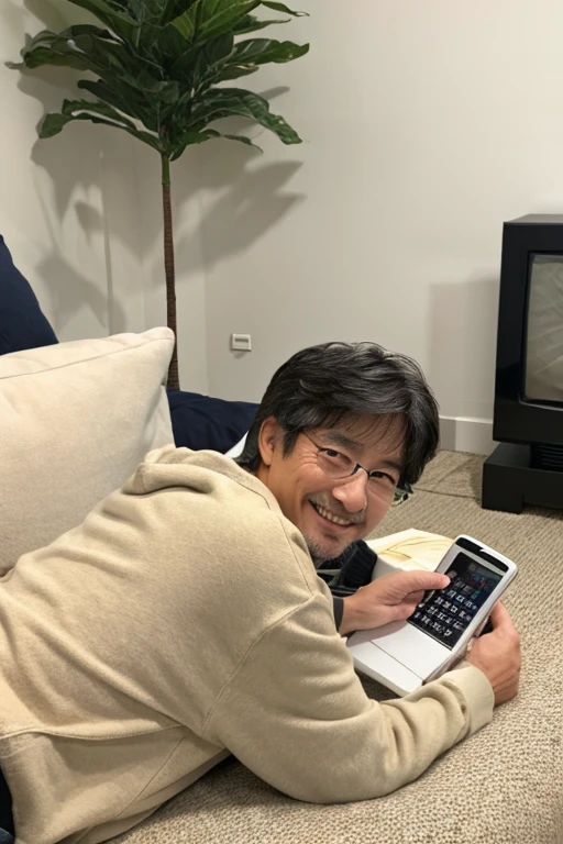 Looking at the smartphone and smiling,Handsome Japan,man in his 50's,I have a smartphone,wearing hoodies,Have a tan,lying on a futon in the room,White Room