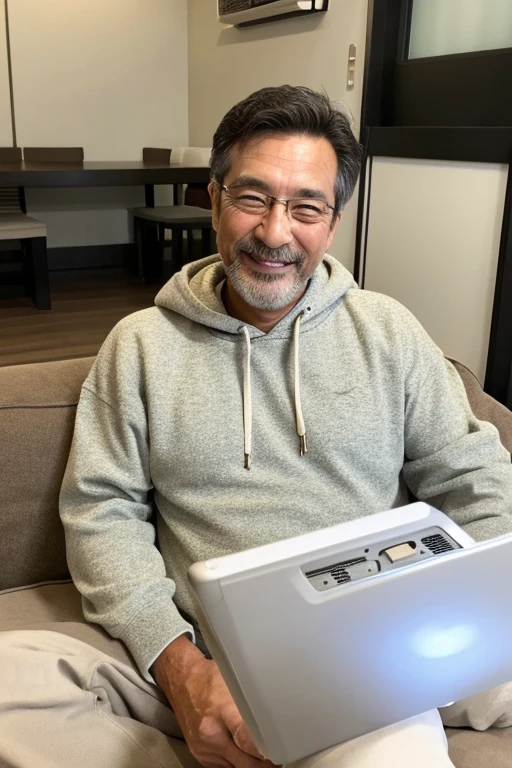Looking at the smartphone and smiling,Handsome Japan,man in his 50's,I have a smartphone,wearing hoodies,Have a tan,lying on a futon in the room,White Room