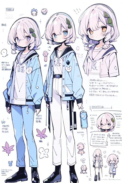 1girl in, ((Character information)、(Chara Leaf)、pastel dimmed colors, Type sheet, Character Sheets, Three types,Shot Full Body,Game Character Design,colourfull