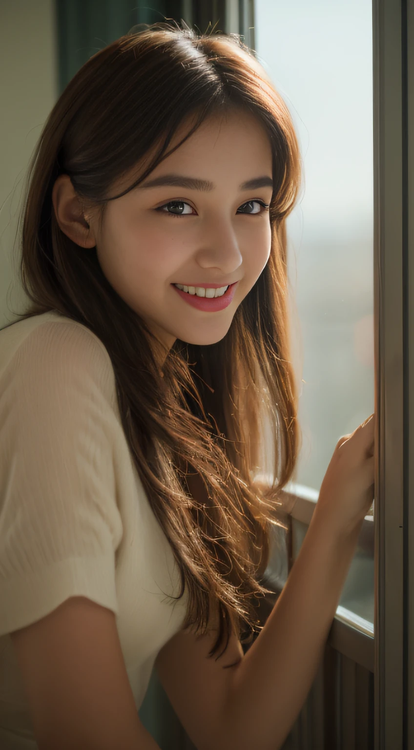 ((Best quality, 8k, Masterpiece :1.3)), 1girl, smiling, full body, slim face, Pretty woman, (Dark brown hair) : Ultra-detailed face, Detailed eyes, Double eyelid, slim face, a photorealistic 8k depiction of a 21-year-old girl in an midi dress , captured in a cinematic composition with Unreal Engine. The scene, sitting in balcony and took a selfie, in a 3:4 aspect ratio, features hyper-detailed, beautifully color-graded visuals, showcasing intricate details and dynamic poses. reflections for an elegant, hyper-realistic portrayal.