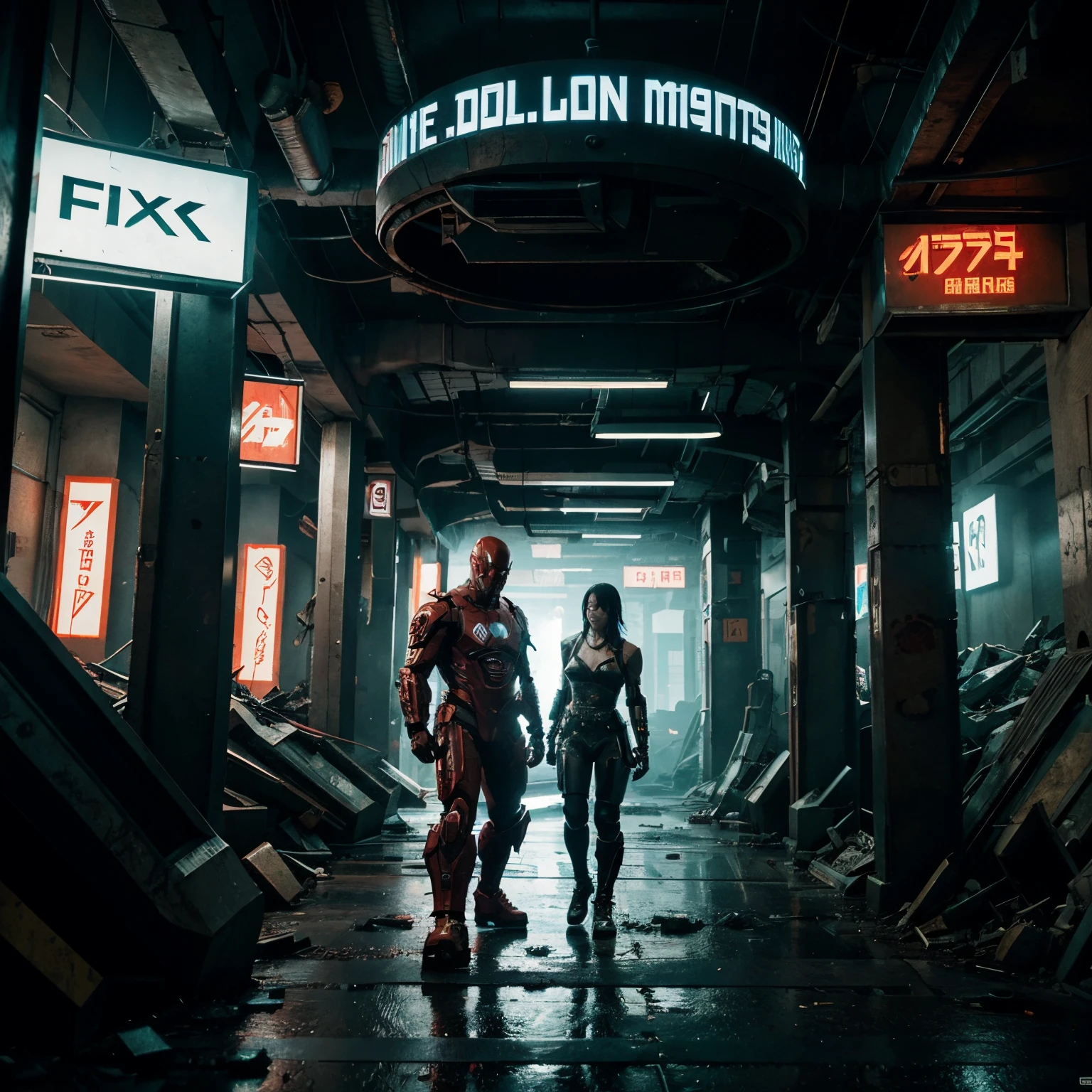 Cyberpunk place where 2 guys have to fight robot flash human eating monsters and the world is in ruins