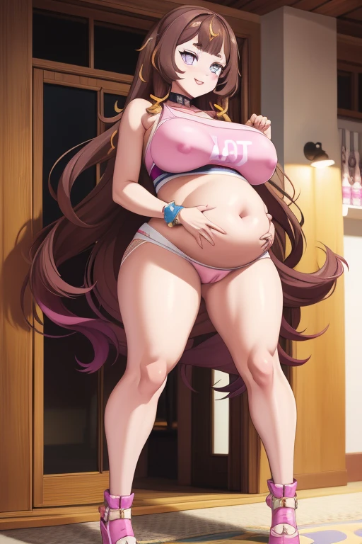 anya melfissa - hololive, 1girl, (((bimbo))), brown hair, very long hair, hair ornament, light purple eyes, petite, (((bimbo))), thin lips, painted lips, shy smile face, pregnant belly, big belly, wide hips, thick thighs, huge round ass, enormous natural breasts, shiny oily breasts, Sports Bra, full body, Gym, squat pose, nsfw